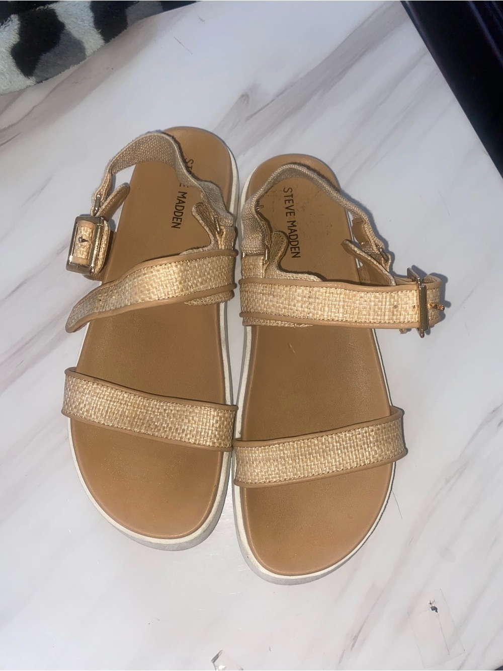 Steve Madden Beige Gold-Strap Woven Sandals